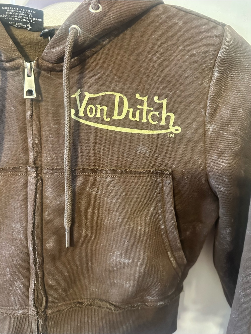 Von Dutch Brown western Vintage-Wash Cropped Zip Hoodie. Size small - Picture 7 of 8